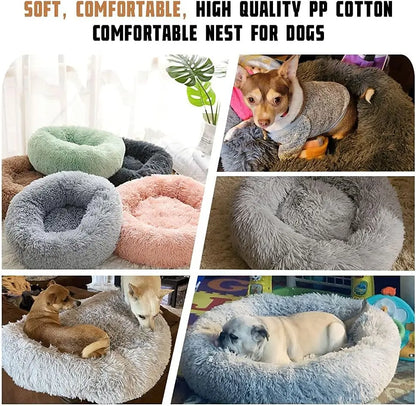 Dog Bed Calming for Small Medium Large Dogs Cats Round Donut Washable Anti-Slip Faux Fur Fluffy Donut Cuddler Anxiety Pet Bed