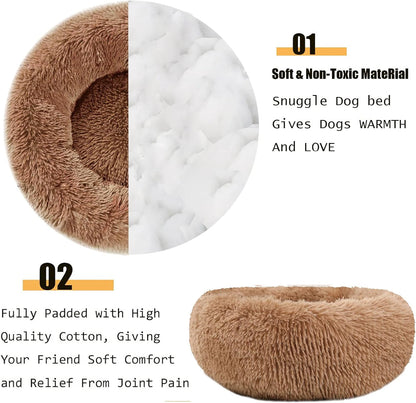Dog Bed Calming for Small Medium Large Dogs Cats Round Donut Washable Anti-Slip Faux Fur Fluffy Donut Cuddler Anxiety Pet Bed